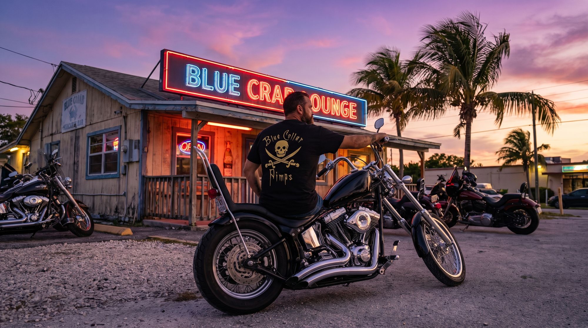 Biker in a BCP tee on a chopper outside a roadside bar at dusk
