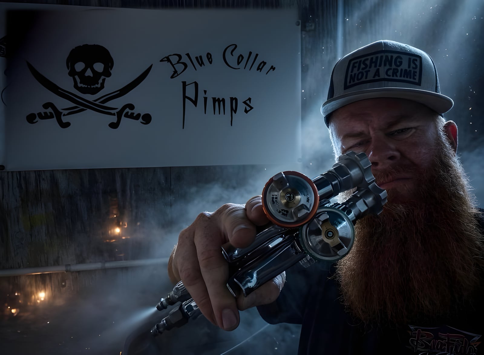 Red, the founder, sighting down two spray guns under a Blue Collar Pimps banner