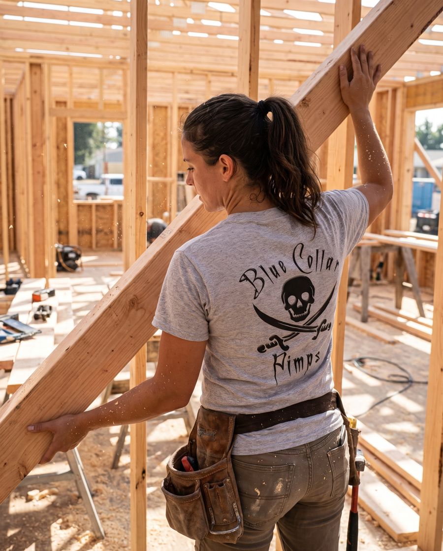 Carpenter in a gray BCP tee on a framing job